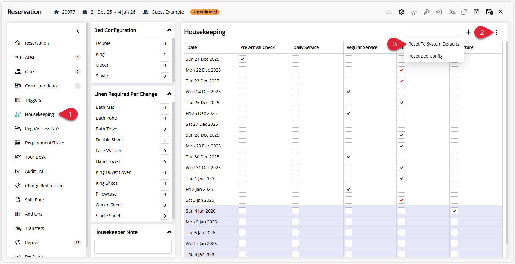 Annotated screenshot of the reservation Housekeeping tab in RMS showing the schedule with the Reset to System Defaults and Reset Bed Config options highlighted