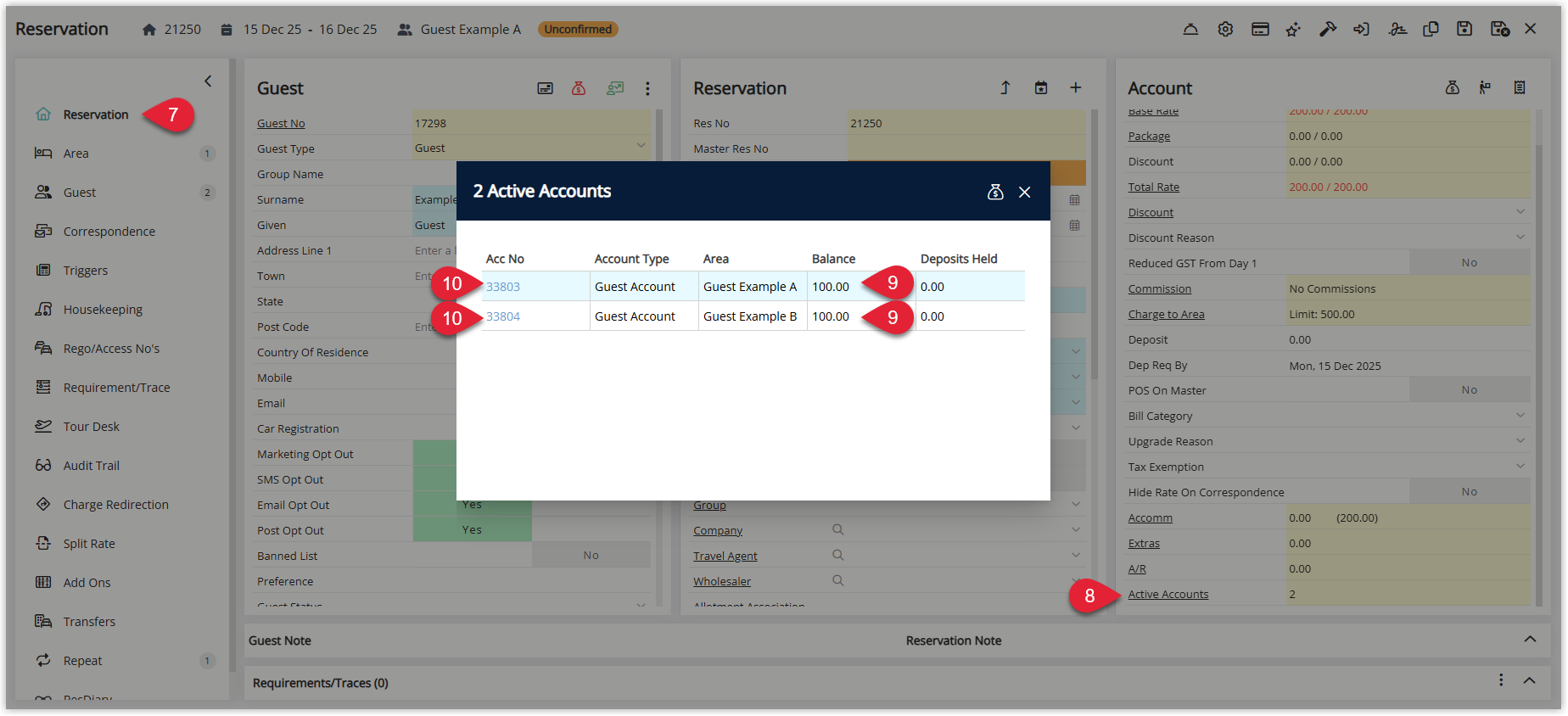 Screenshot of the Reservation Details screen in RMS with the Account column showing Active Accounts and a link or icon highlighted to open each guest’s account and review the split rate allocation.