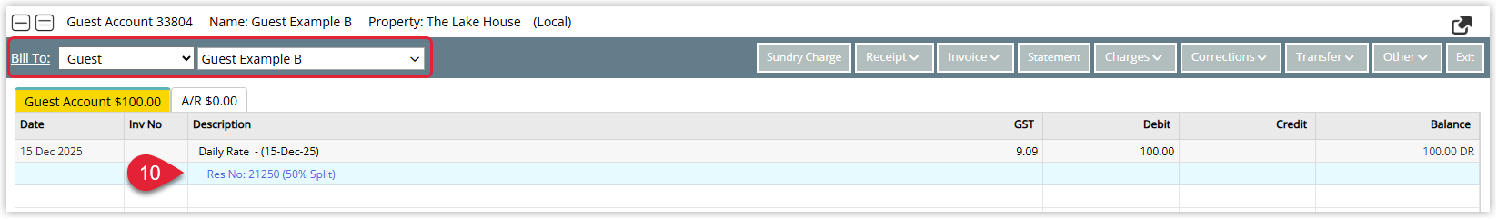 Screenshot of Guest B’s reservation account in RMS showing accommodation charges totalling $100 after split rate has been applied, confirming their 50% share of the $200 reservation.