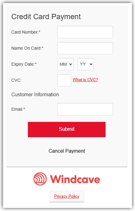 Screenshot of the Windcave hosted Credit Card Payment form showing fields for card number, name on card, expiry date, CVC, and email address