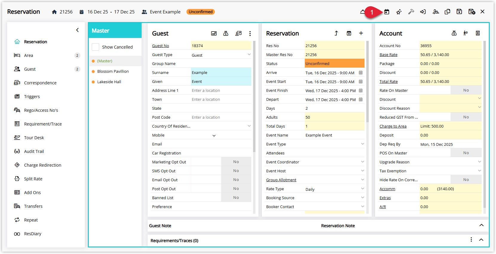 Screenshot of an RMS reservation showing the Event Management option used to open the event linked to the booking.