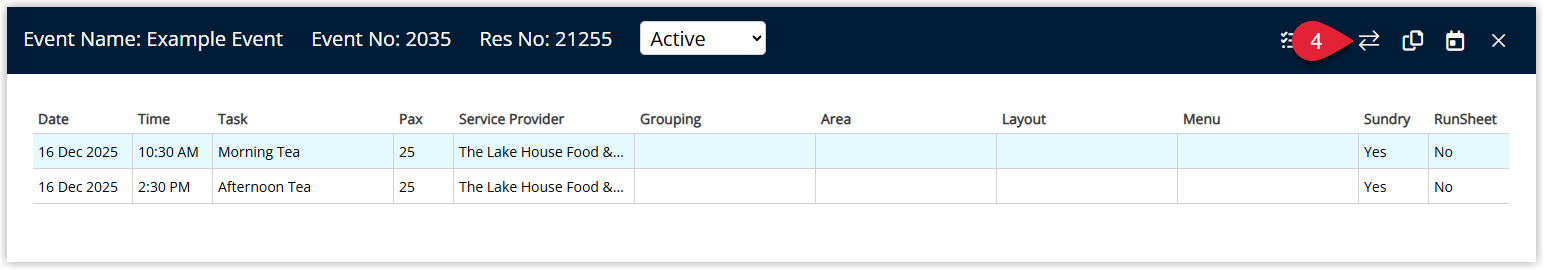 Screenshot of the event interface in RMS highlighting the Transfer Sundry to Account option used to move event charges onto the reservation account.