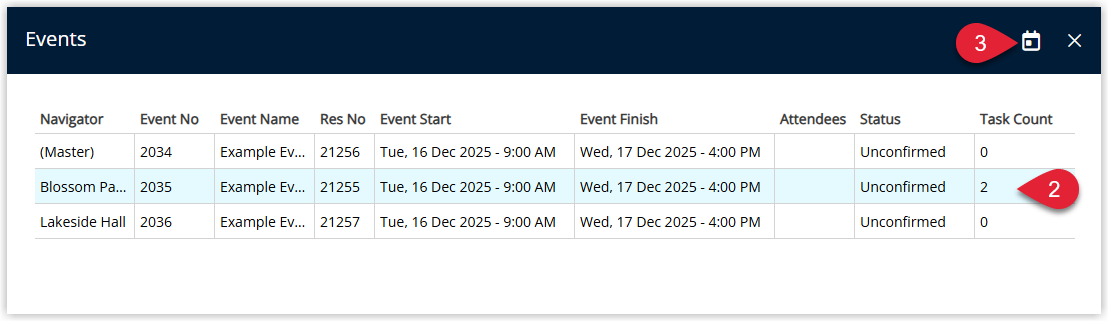 Screenshot of the Event Itinerary selection screen in RMS showing the linked event and the Go to Event button to open the event details.