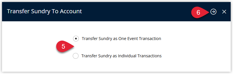 Screenshot of the transfer options dialog in RMS showing settings for how event sundry charges will be transferred to the reservation account and the Process button to begin the transfer.