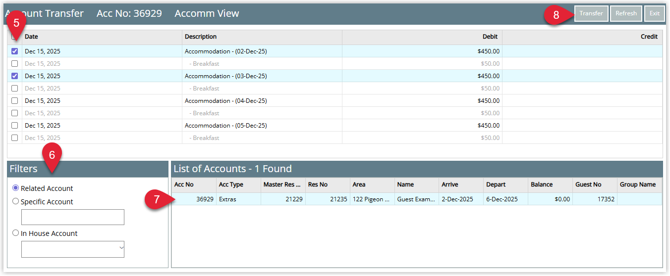 Charge Transfer window listing account charges with checkboxes, a Destination Account search and a Transfer button