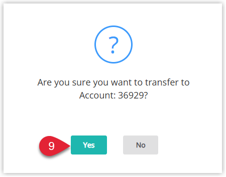 Confirmation pop‑up asking to confirm transferring selected charges to the destination account, with Yes selected
