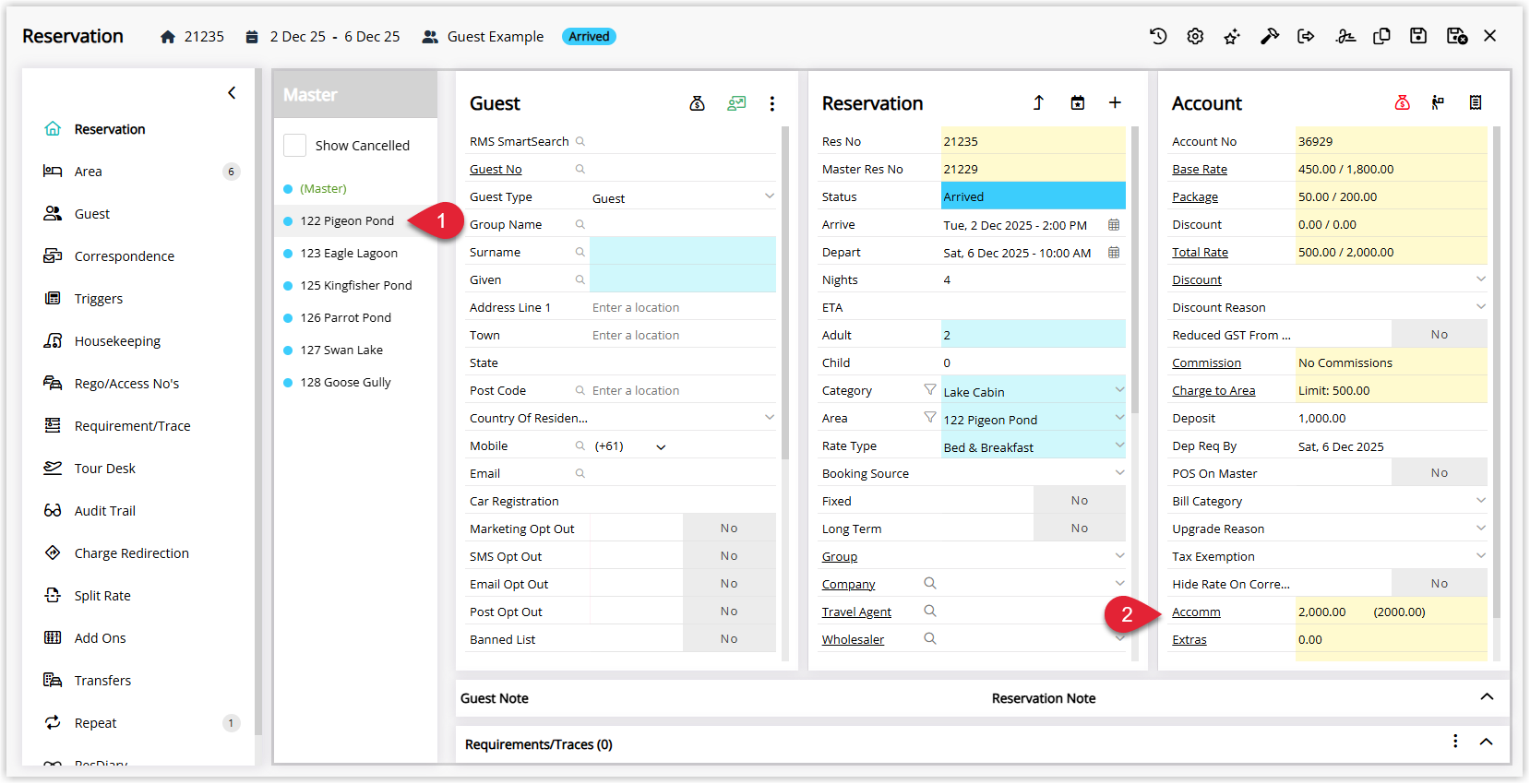 Sibling reservation screen in RMS with the Account Type selected to view charges