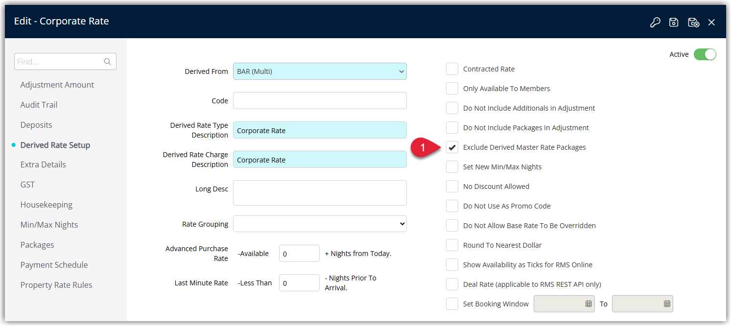 Screenshot of a Derived Rate Type setup screen in RMS with the “Exclude Derived Master Rate Packages” checkbox highlighted, indicating that packages on the parent (Derived From) rate will not be applied to this derived rate when selected.
