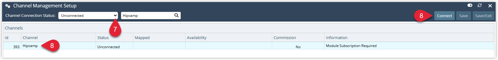 Channel Management screen in RMS showing a list of channels with the status filtered to ‘Unconnected’, and an OTA REST API partner selected with a Connect option available.
