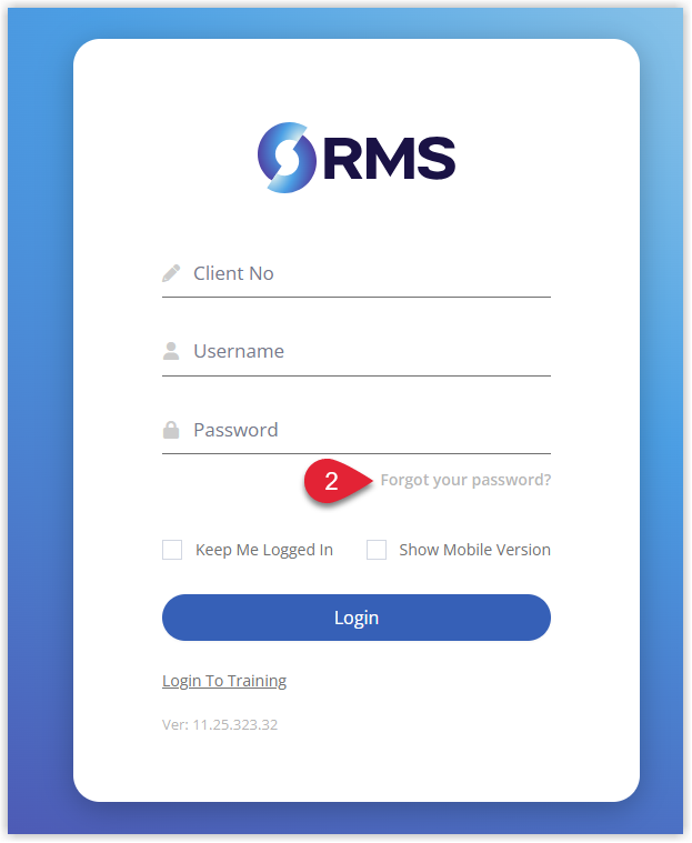 RMS login page showing fields for Client ID, Username and Password with a 'Forgot my Password' link beneath the password field