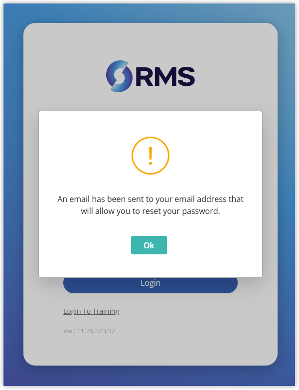 On-screen confirmation message stating that a password reset email has been sent to the registered email address