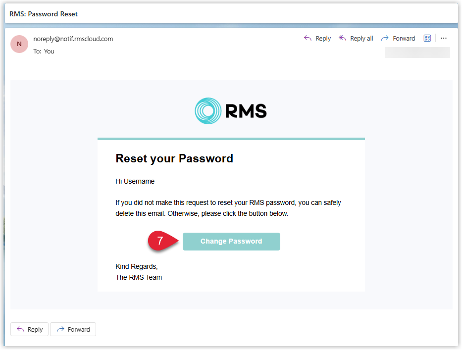 Example RMS password reset email in an inbox showing a Change Password button or link that users click to set a new password