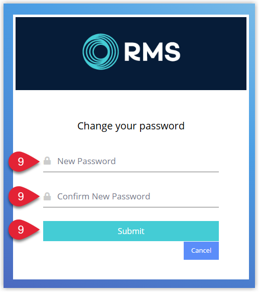 Set New Password page opened from the email link with fields for entering and confirming a new password and a Submit button to save the change