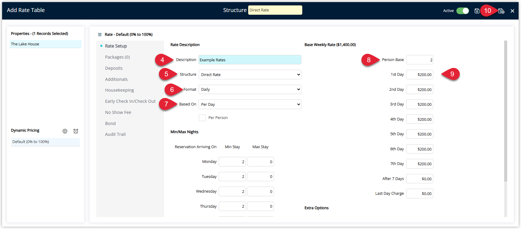 Screenshot of the Rate Table setup window in RMS showing a new table with Description entered, Rate Structure set to Direct Rate, Format set to Daily and Based On set to Per Day, along with fields for Person Base, Rate Amount, optional After 7 Days Charge, optional Last Day Charge and Length of Stay Restrictions, with the Save/Exit button highlighted