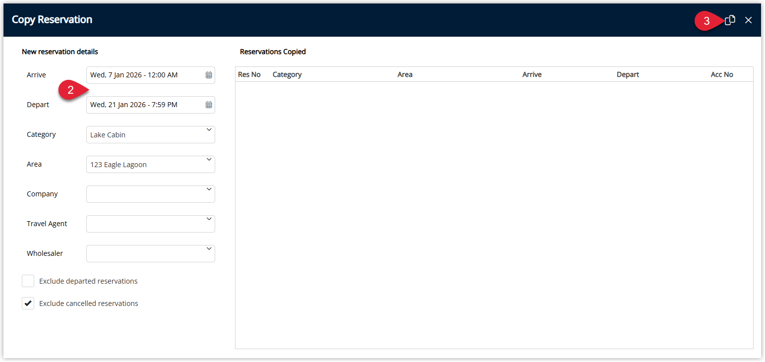 RMS Copy Reservation window showing fields for new Arrive and Depart dates, optional Area, Company, Travel Agent or Wholesaler selections, and checkboxes for Exclude all departed reservations and Use Existing Accounts, with the Copy button highlighted to create the new reservation.