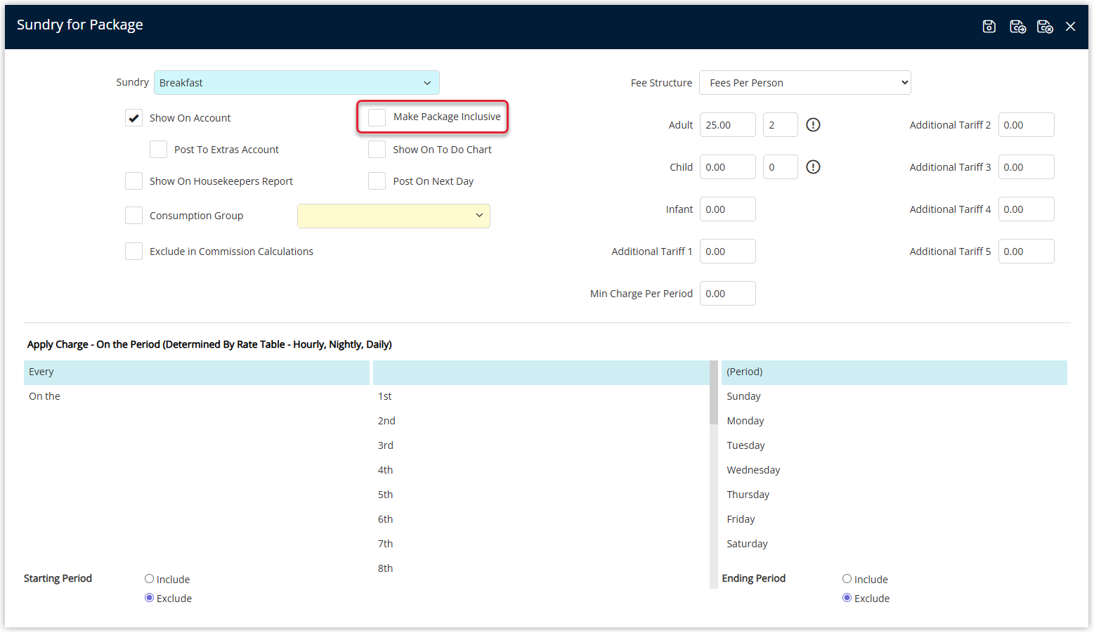 RMS Rate Type Package component setup screen showing a Sundry Charge selected, Package Options including the Make Package Inclusive checkbox, and fields for Amount to Charge and Apply Charge options, illustrating how an inclusive package allocates part of the rate to a separate GL code without changing the guest total.