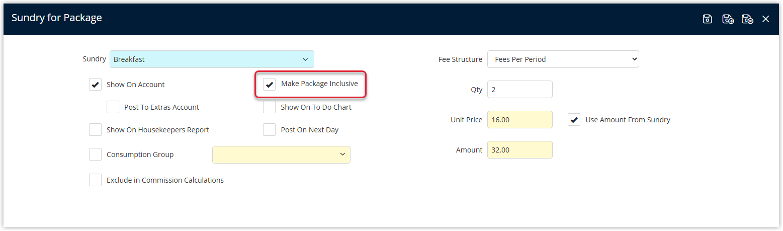 RMS Rate Type Package component setup with Fee Structure set to Fees Per Person, Make Package Inclusive ticked, and Per Person options showing 1 Adult included in the rate with a per-adult breakfast charge configured.