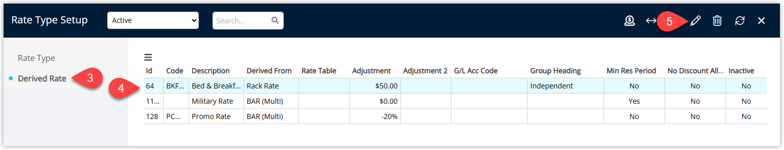 RMS Derived Rate Types list with an existing derived rate highlighted and the Edit button selected to open its details.