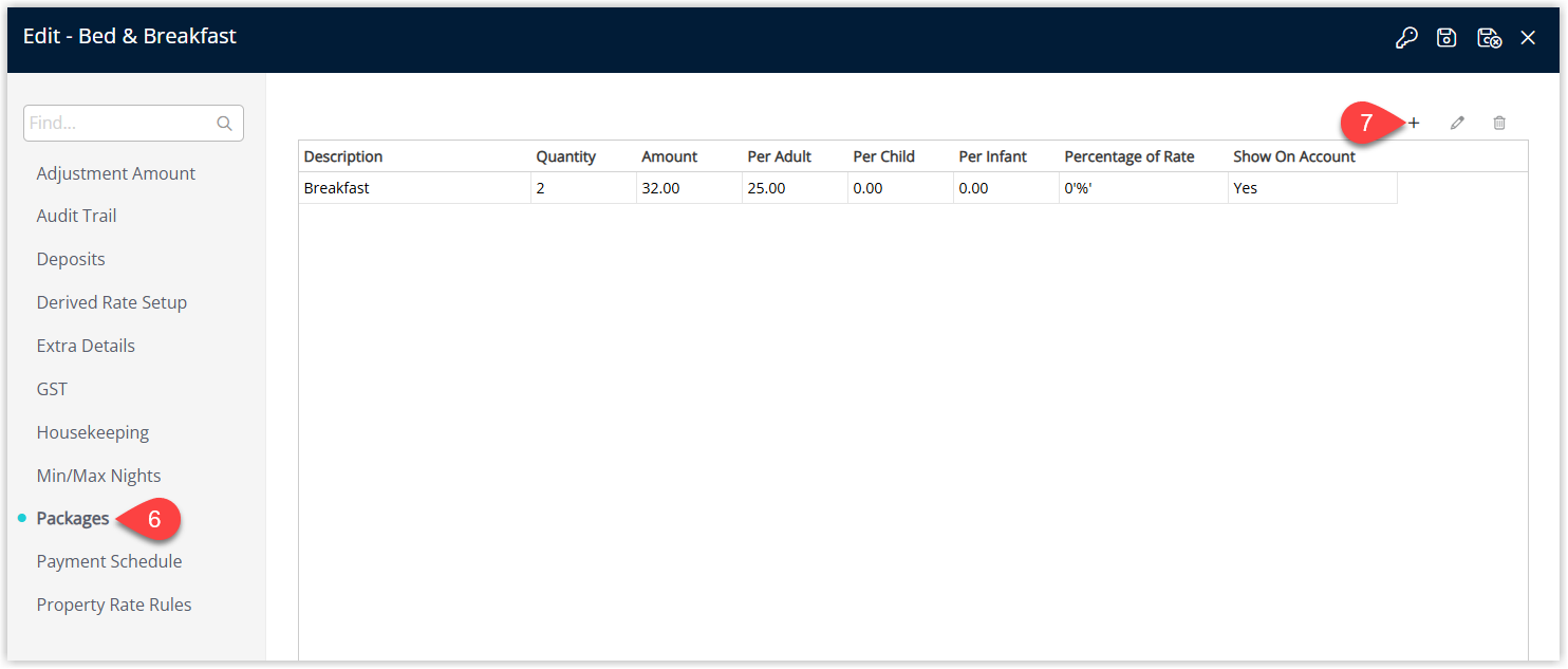 RMS Derived Rate Type edit window on the Packages tab with the Add button clicked to add a package component to the derived rate.