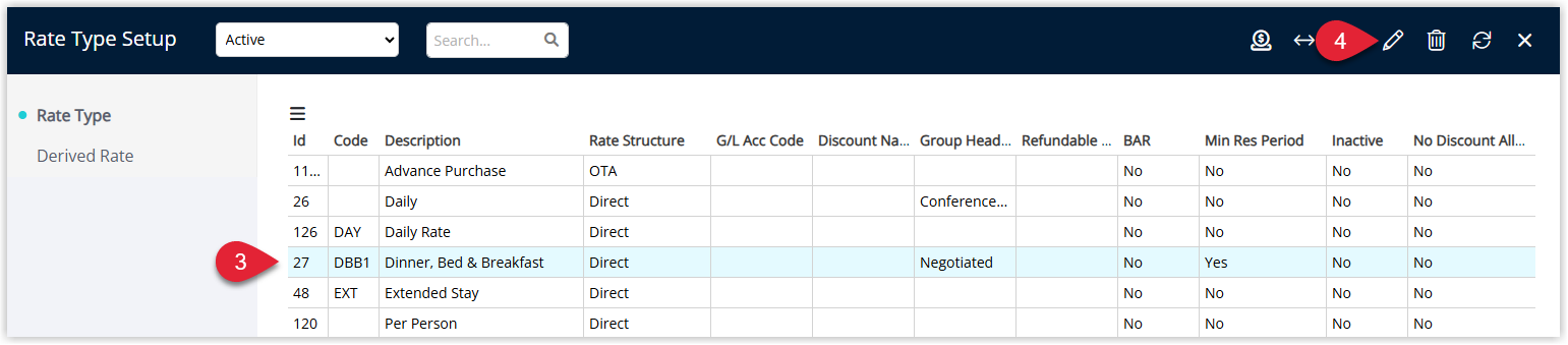 RMS Rate Types list showing multiple rate types with one rate type selected and the Edit button clicked to open its configuration.