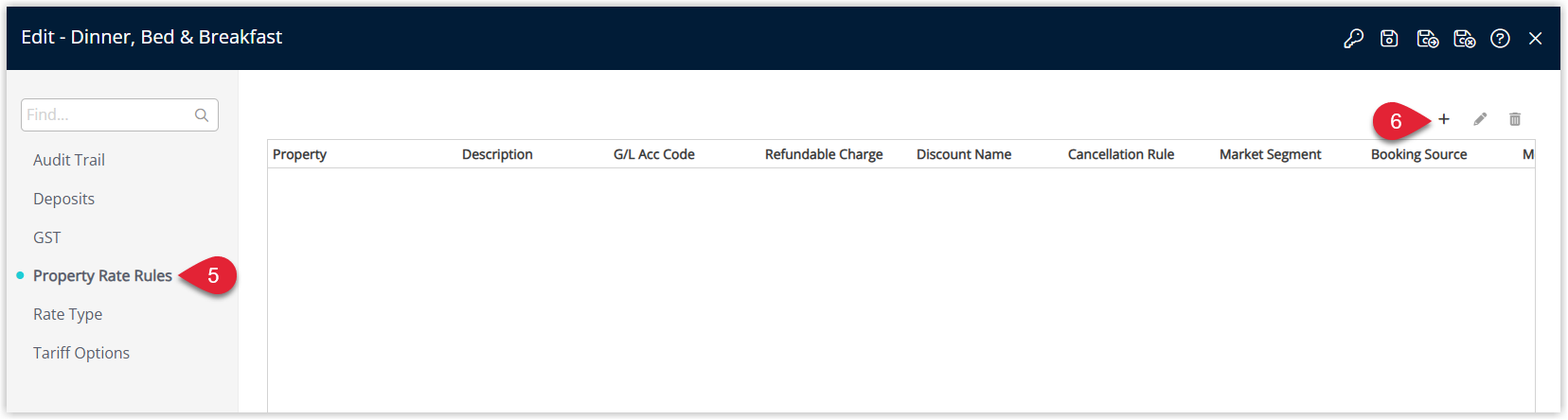RMS Rate Type edit window on the Property Rate Rules tab showing the Add button selected to create a new Rate Type Property Rule for the chosen property.