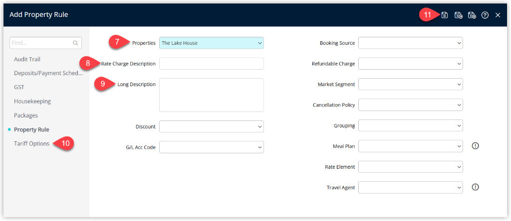 RMS Property Rate Rule setup screen with Property selected, Rate Charge Description and optional Long Description entered, optional Rate Type Options ticked, and the Save button selected to store the rule.