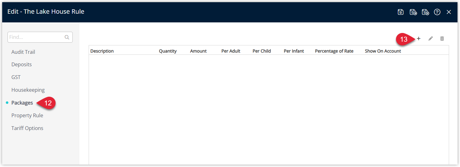 RMS Rate Type edit window on the Packages tab with the Add button selected to create a new package component for this Rate Type.
