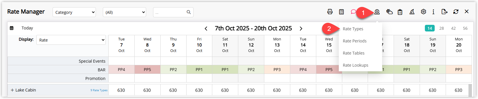 RMS Rate Types screen showing tabs for Standard Rate Types and Derived Rate Types, allowing selection of a derived rate to configure packages.
