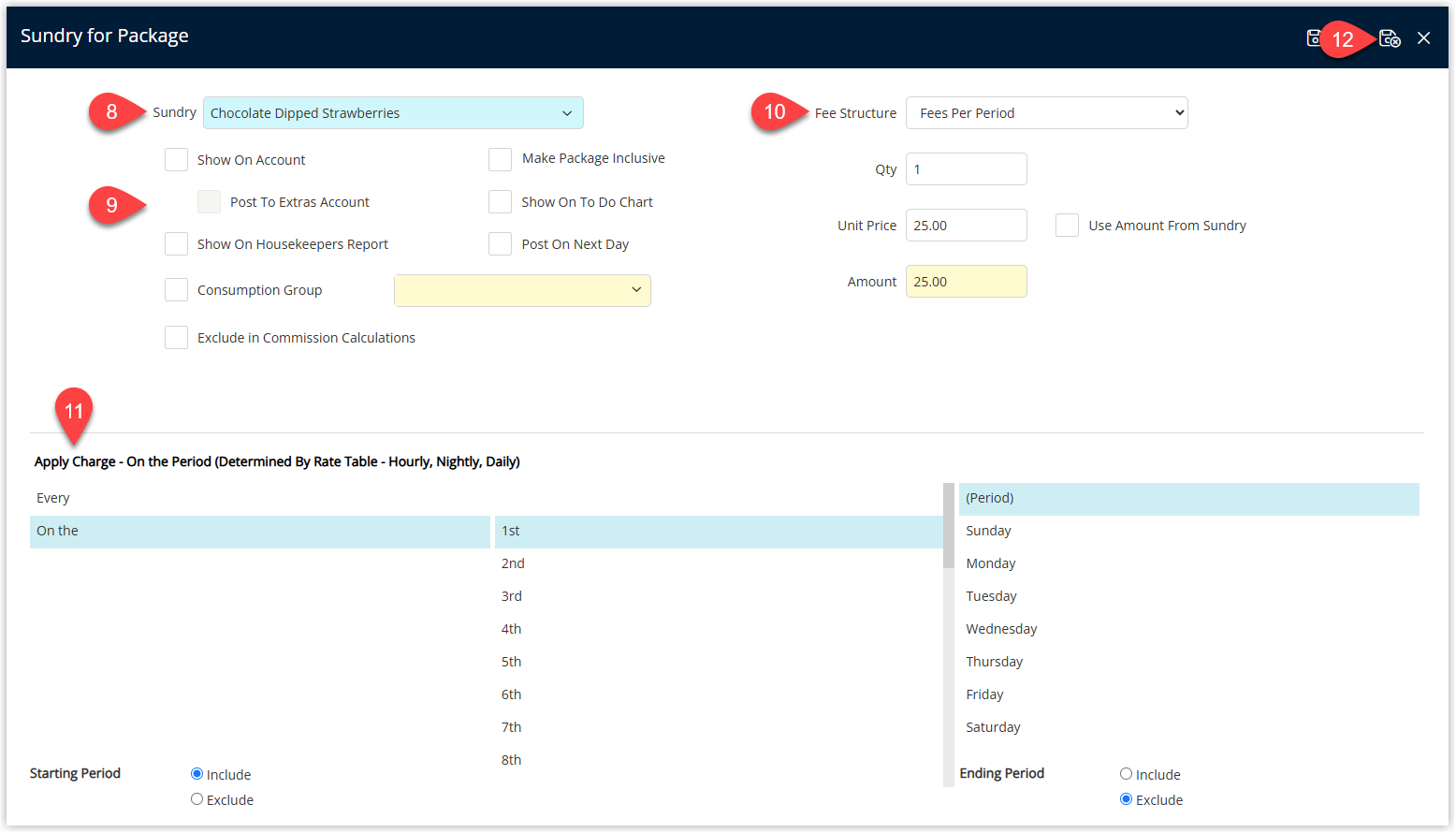 RMS Package Component setup for a Derived Rate Type showing Sundry Charge, Package Options, Fee Structure with Amount to Charge, and Apply Charge options completed, with Save/Exit selected to apply the package to the derived rate.