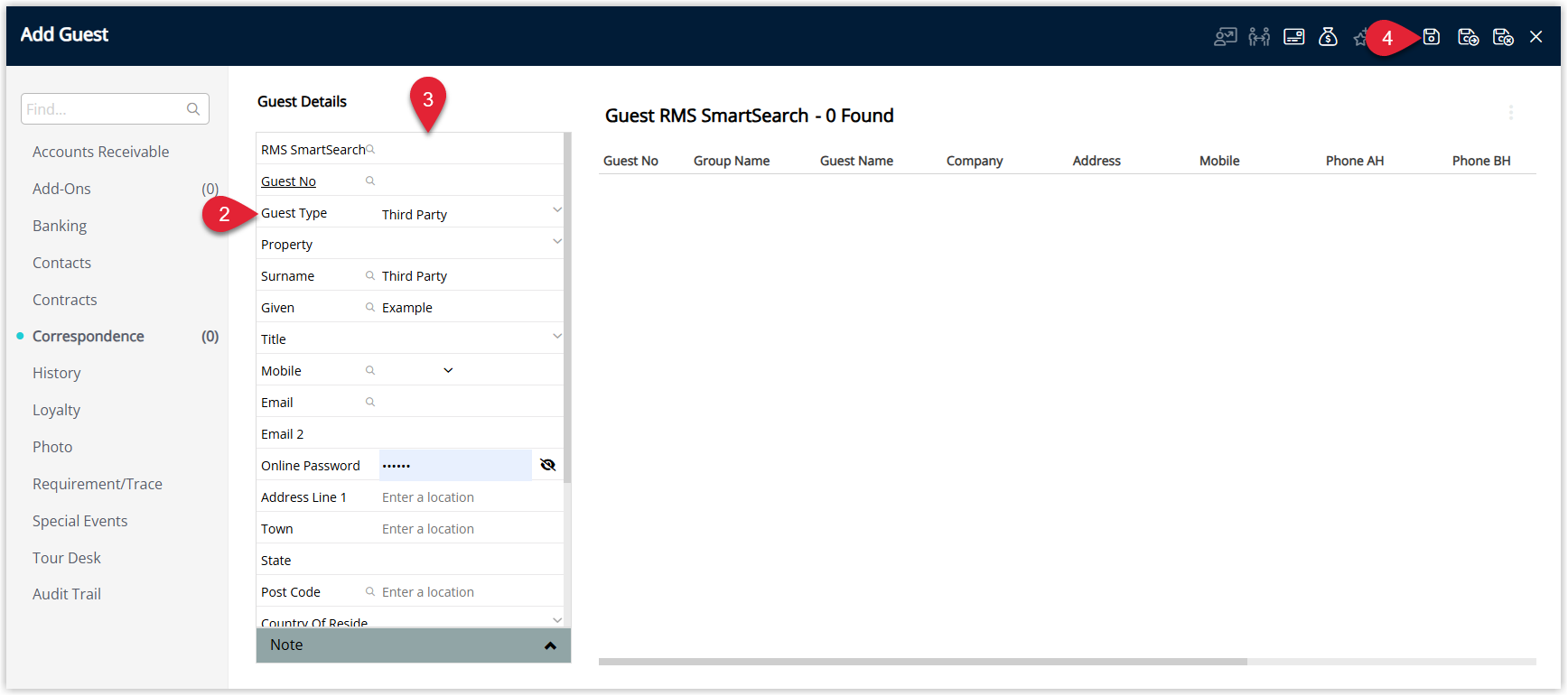 Annotated screenshot of the Add Guest screen in RMS showing Guest Type set to Third Party with the Surname and Given name fields completed