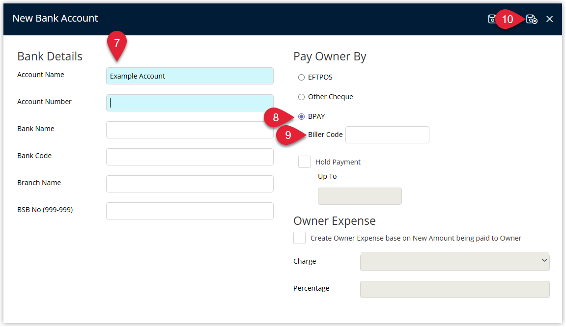 Annotated screenshot of the New Bank Account screen in RMS showing the Account Name field, BPAY selected as the Pay Owner By method and the Biller Code field