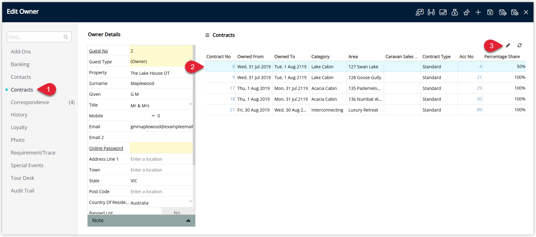 Annotated screenshot of the Edit Owner screen in RMS showing the Contracts section with five owner contracts listed and the Edit button highlighted