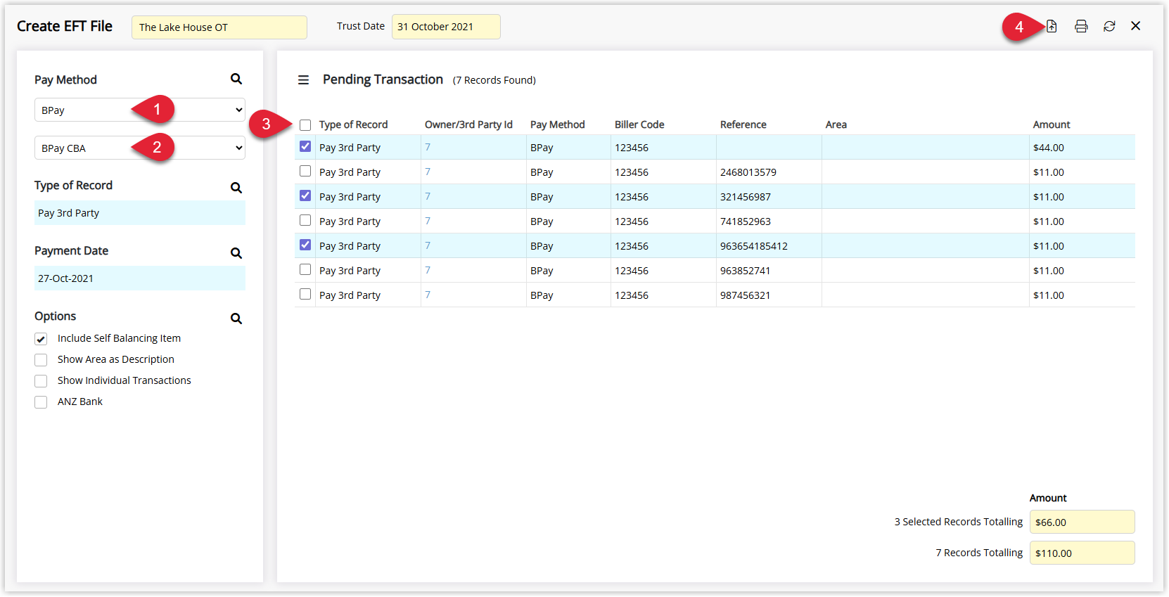 Annotated screenshot of the Create EFT File screen in RMS showing Pay Method set to BPay, BPay CBA bank selected, Type of Record set to Pay 3rd Party, and 7 pending transactions with 3 selected totalling $66.00