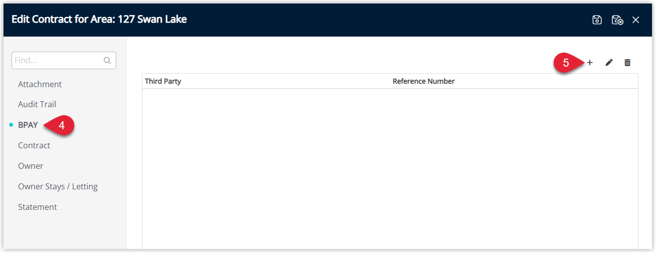 Annotated screenshot of the Edit Contract screen in RMS for area 127 Swan Lake showing the BPAY section with the Add button highlighted