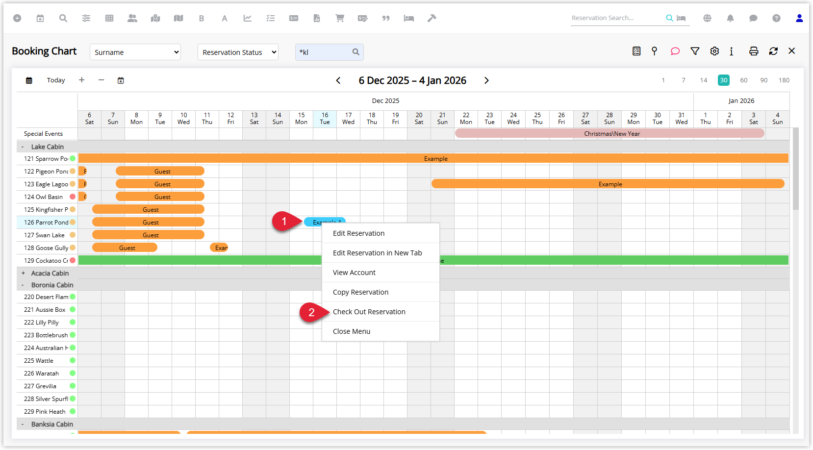 RMS Booking Chart displaying reservations on the grid, with one reservation cell right-clicked to open the context menu and the Check-out Reservation option highlighted, showing how to perform check-out directly from the Booking Chart when the account is balanced.