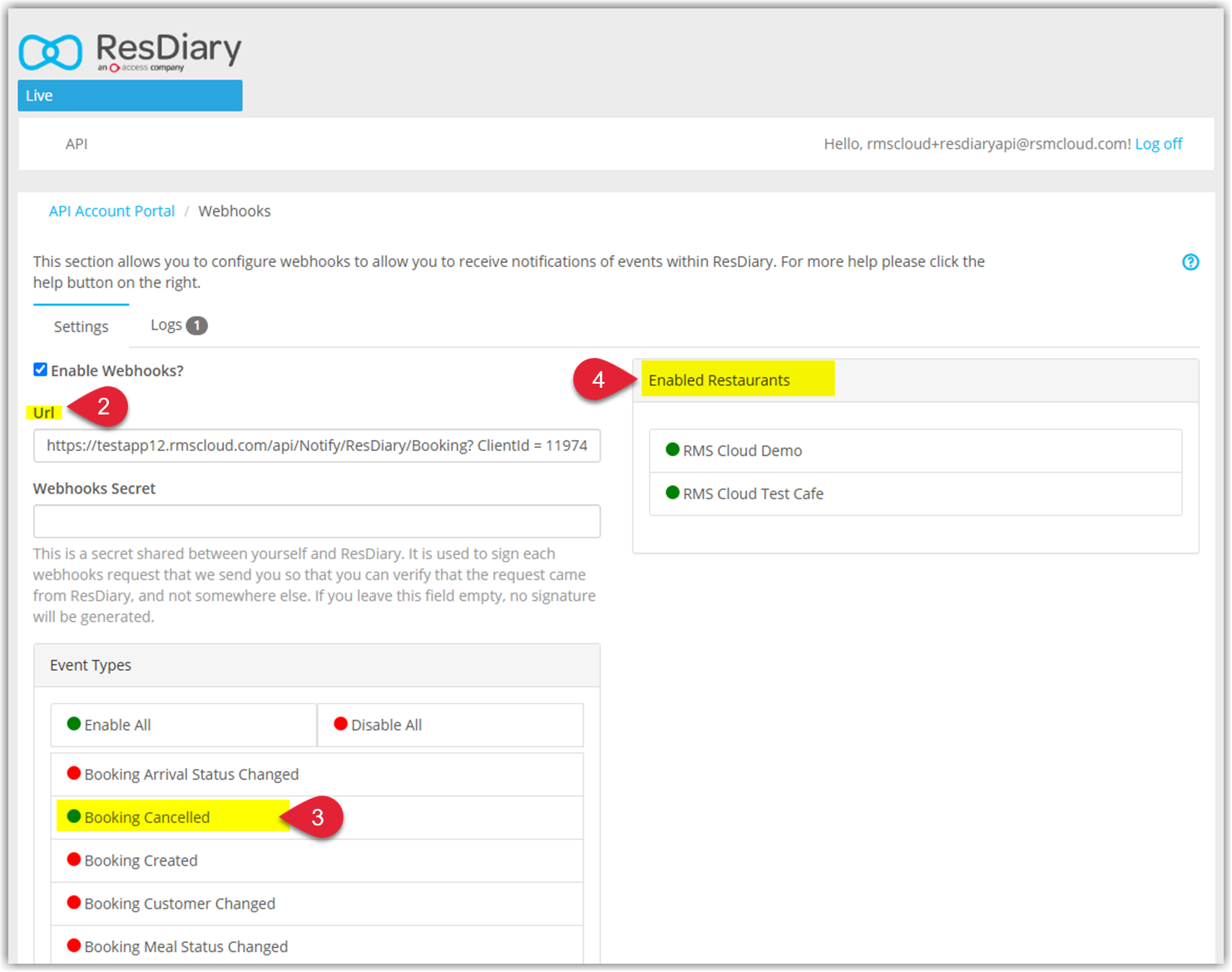 Annotated screenshot of the ResDiary Webhooks Settings page with the Url field, the Booking Cancelled event and the Enabled Restaurants list highlighted