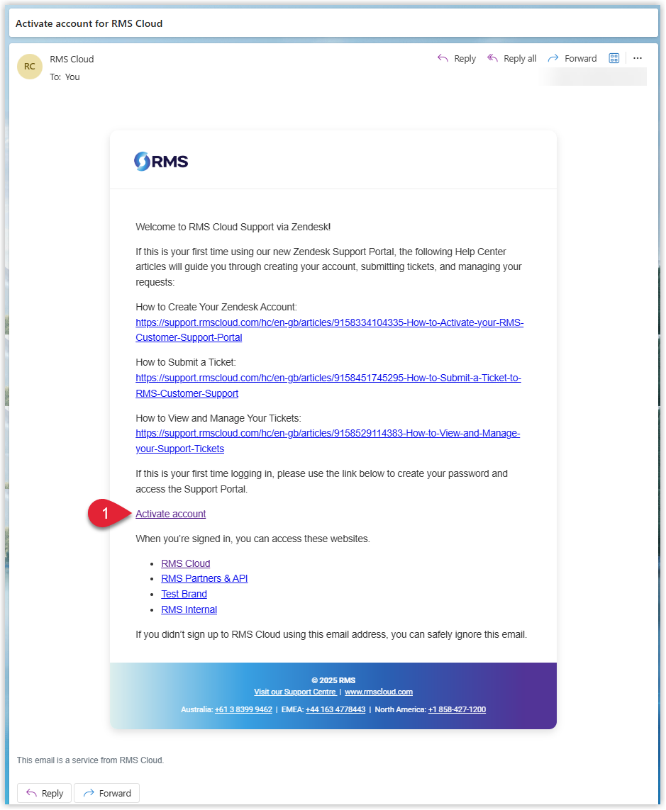 Screenshot of the RMS Cloud account activation email with the Activate account link highlighted