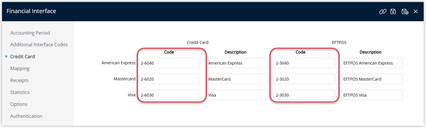 Annotated screenshot of the Financial Interface Credit Card tab in RMS showing credit card and EFTPOS general ledger account codes