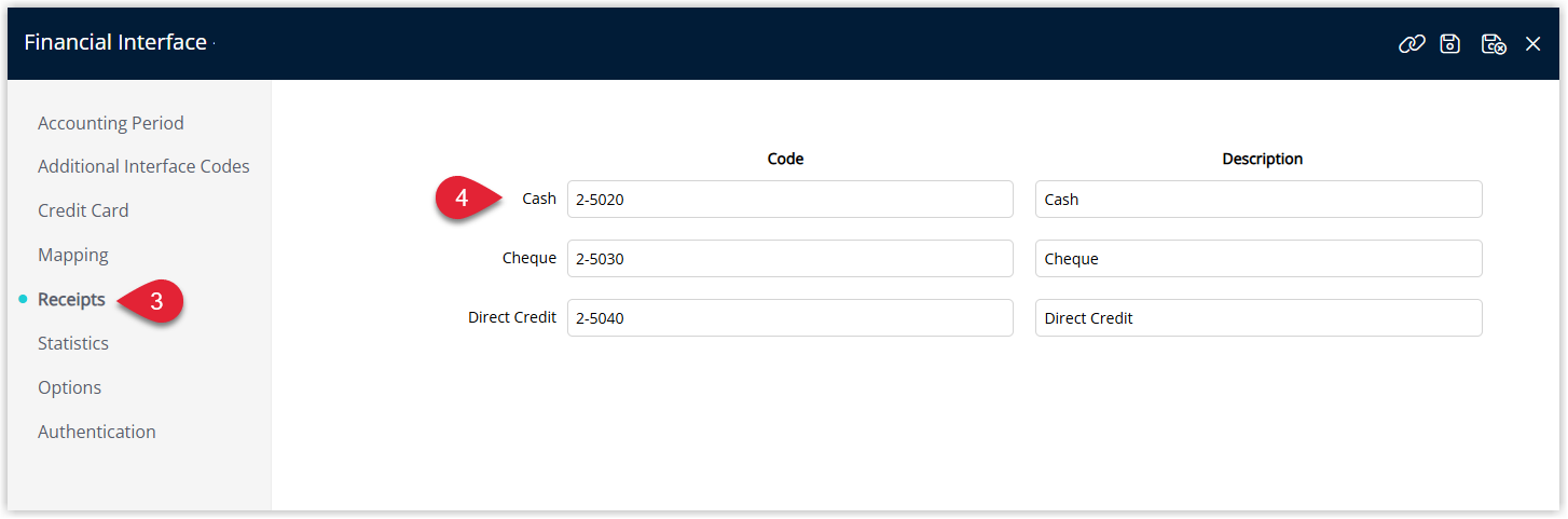 Screenshot of the Receipts tab on the Financial Interface screen in RMS showing a list of Receipt Types with GL Account Code and Description columns for mapping each receipt type to Sage Intacct.