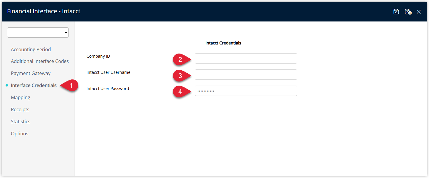 Screenshot of the Interface Credentials tab in RMS showing fields to enter the Sage Intacct Company ID, Username and Password used for API-based financial export.