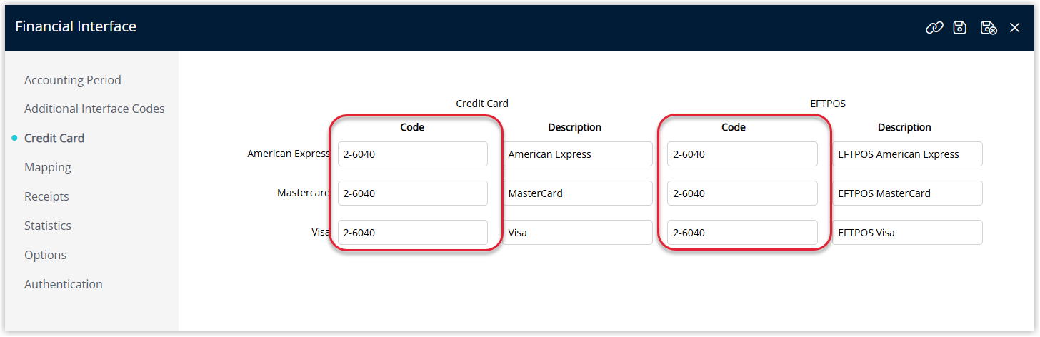 Screenshot of the Financial Interface Mapping screen in RMS showing GL Account Code mappings configured for export to Intacct so that revenue and tax transactions are consolidated correctly.