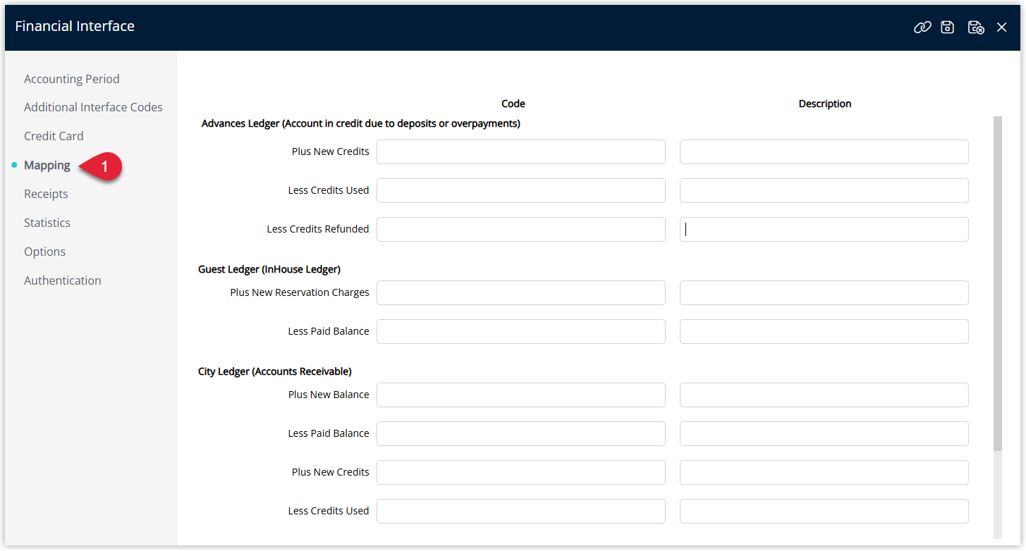 Screenshot of the Financial Interface screen in RMS with the Mapping tab selected, showing sections for configuring GL Account Code mappings for export to Sage Intacct.