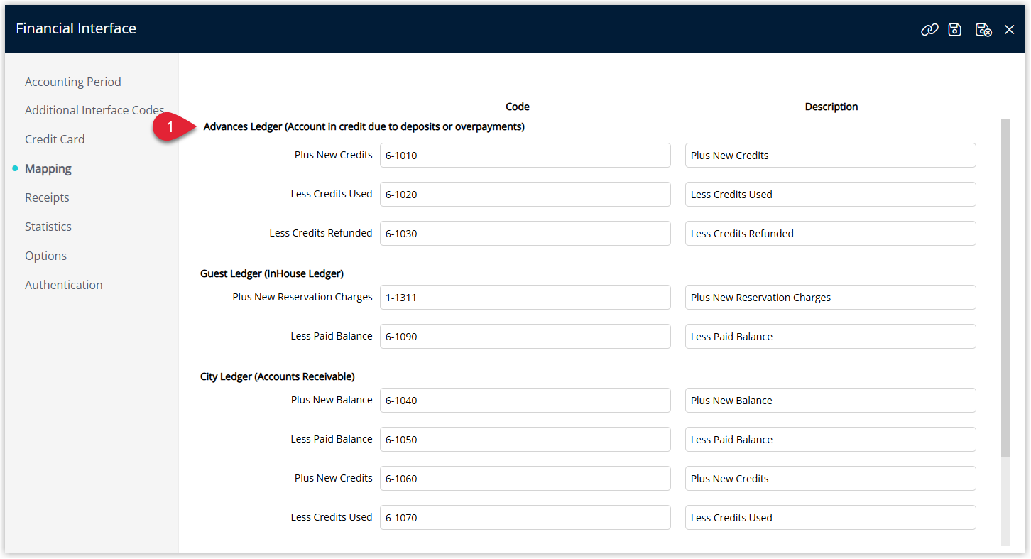 Screenshot of the Financial Interface Mapping tab in RMS showing the Advances Ledger section where GL Account Codes and Descriptions are entered for advance deposits and prepayments for export to Sage Intacct.