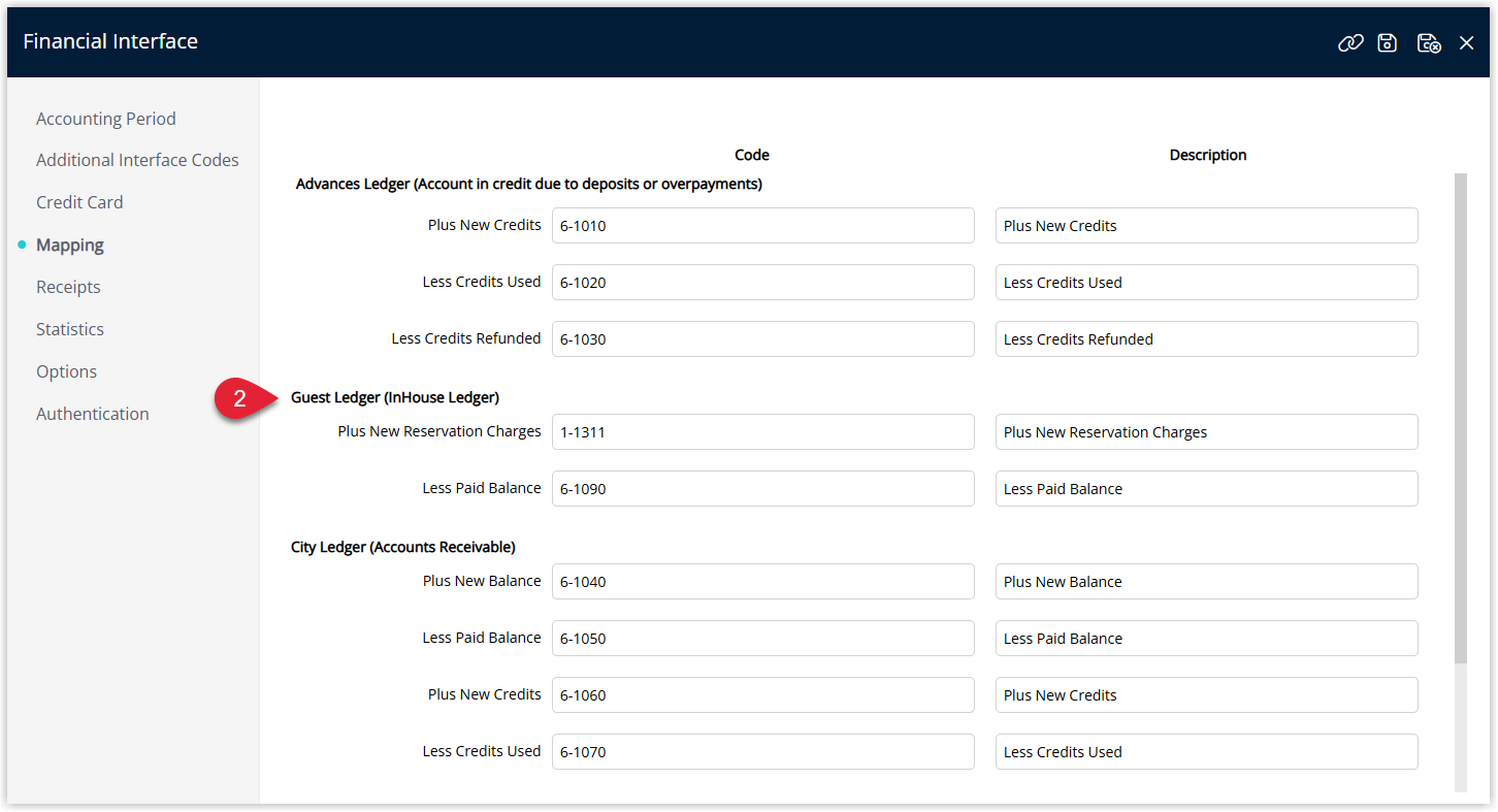 Screenshot of the Financial Interface Mapping tab in RMS showing the Guest Ledger section where GL Account Codes and Descriptions are entered for guest revenue and receivable accounts.
