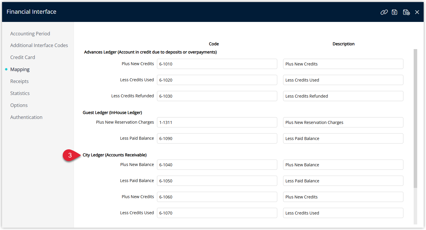 Screenshot of the Financial Interface Mapping tab in RMS showing the City Ledger section where GL Account Codes and Descriptions are entered for accounts receivable and house accounts.