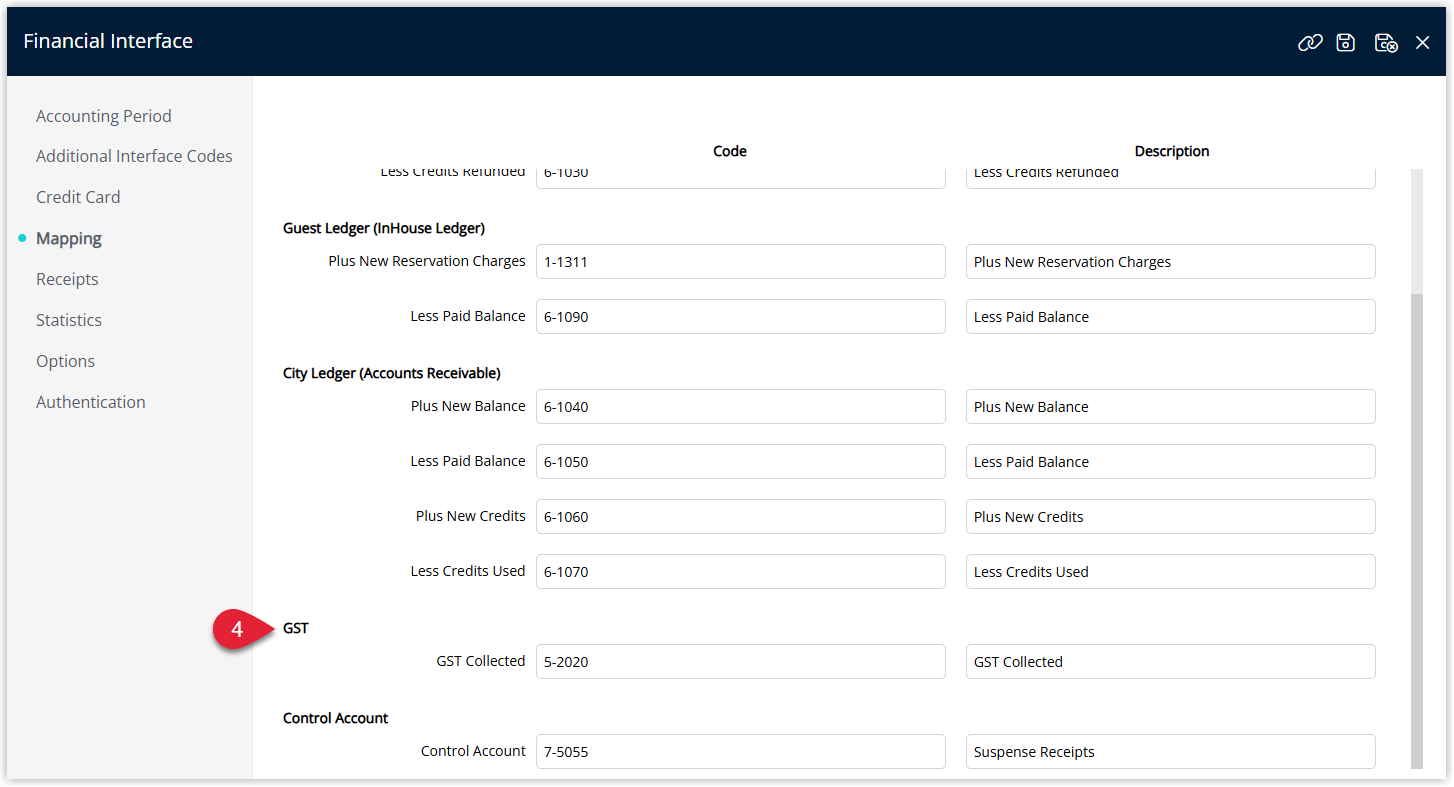 Annotated screenshot of the Financial Interface Mapping tab in RMS showing the Guest Ledger, City Ledger, GST, and Control Account code fields