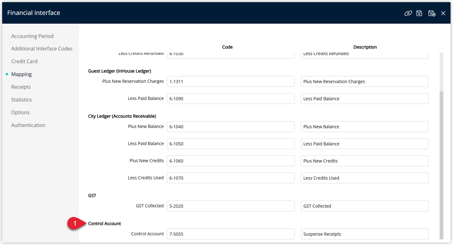 Screenshot of the Financial Interface Mapping tab in RMS showing the Control Account section where a GL Account Code and Description are entered for the main control account under cash accounting.