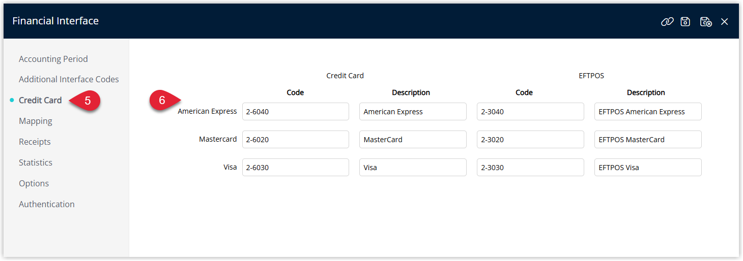 Screenshot of the Credit Cards tab on the Financial Interface screen in RMS showing credit card types with GL Account Code and Description fields for each card type.
