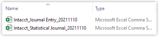 Screenshot of two exported Intacct CSV journal files listed in a file browser