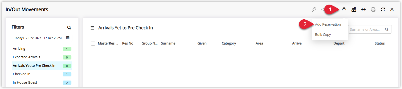 Screenshot of the In/Out Movements screen in RMS with the Reservations icon highlighted and the Add Reservation option selected from the menu to create a new booking without leaving the screen.